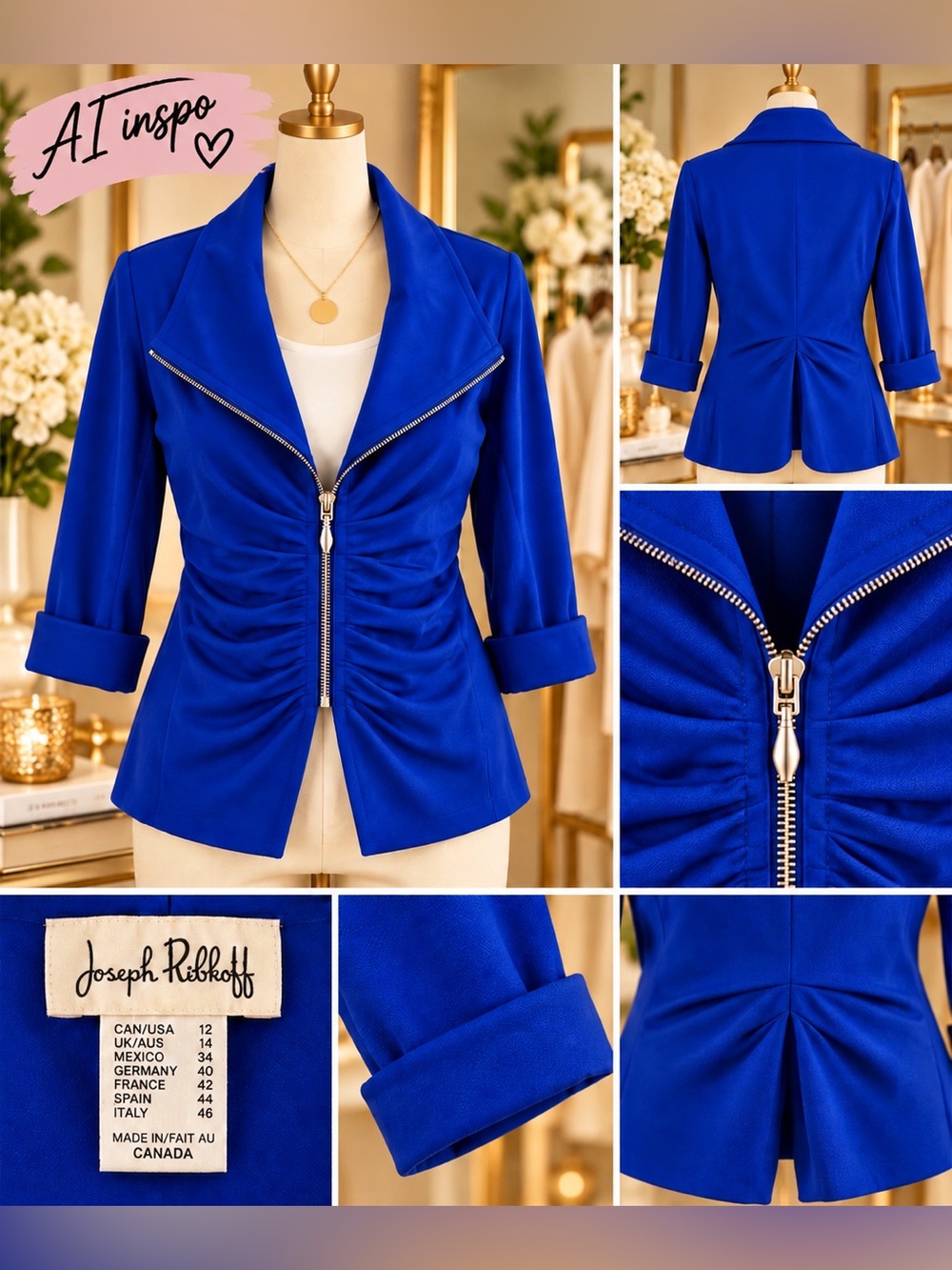 Joseph Ribkoff Cobalt Blue Ruched Zip Jacket | Made in Canada | Size 12